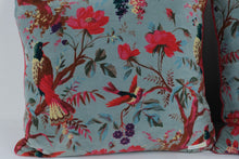 Load image into Gallery viewer, Laura Park Floral Bird Velvet Throw Pillows Blue Pink 18 Inch Pair
