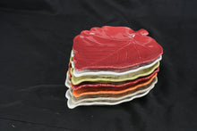 Load image into Gallery viewer, Set of 7 Ceramic Leaf Shaped Appetizer Plates Fall Colors Red White Green Orange 9"

