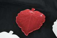 Load image into Gallery viewer, Set of 7 Ceramic Leaf Shaped Appetizer Plates Fall Colors Red White Green Orange 9"
