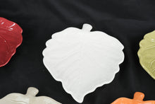 Load image into Gallery viewer, Set of 7 Ceramic Leaf Shaped Appetizer Plates Fall Colors Red White Green Orange 9"
