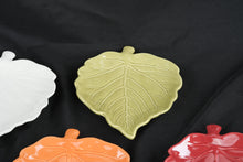 Load image into Gallery viewer, Set of 7 Ceramic Leaf Shaped Appetizer Plates Fall Colors Red White Green Orange 9"

