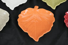 Load image into Gallery viewer, Set of 7 Ceramic Leaf Shaped Appetizer Plates Fall Colors Red White Green Orange 9"
