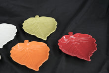 Load image into Gallery viewer, Set of 7 Ceramic Leaf Shaped Appetizer Plates Fall Colors Red White Green Orange 9"
