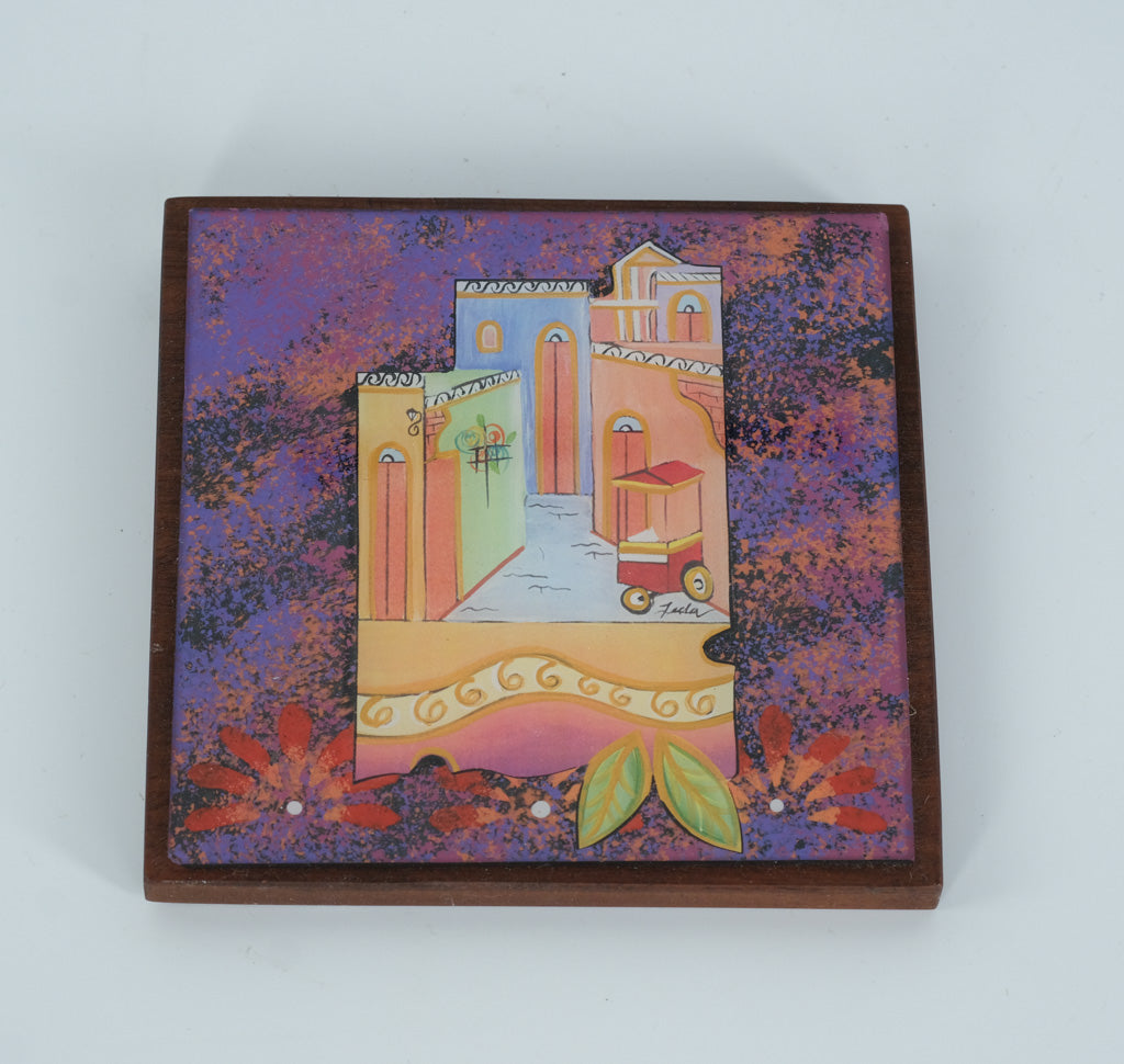 Puerto Rico Ceramic Tile Plaque by Leda – Colorful Street Scene on Wood – Free Shipping