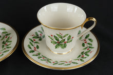 Load image into Gallery viewer, Lenox Holiday Cup and Saucer Set 2 Holly Berry Gold Trim USA
