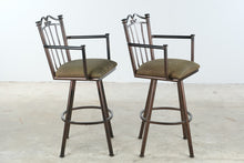 Load image into Gallery viewer, Set of Three Metal Swivel Bar Stools with Arms and Upholstered Seats
