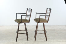 Load image into Gallery viewer, Set of Three Metal Swivel Bar Stools with Arms and Upholstered Seats
