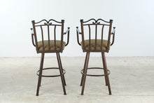Load image into Gallery viewer, Set of Three Metal Swivel Bar Stools with Arms and Upholstered Seats
