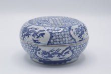 Load image into Gallery viewer, Chinese Blue White Porcelain Cricket Box Dragon Pierced Lid 5 Inch
