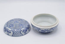 Load image into Gallery viewer, Chinese Blue White Porcelain Cricket Box Dragon Pierced Lid 5 Inch
