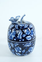 Load image into Gallery viewer, Bombay Blue &amp; White Porcelain Apple Jar with Butterfly Lid – 12" Tall • Decorative Lidded Container
