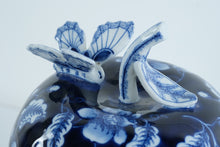Load image into Gallery viewer, Bombay Blue &amp; White Porcelain Apple Jar with Butterfly Lid – 12" Tall • Decorative Lidded Container
