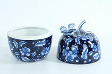 Load image into Gallery viewer, Bombay Blue &amp; White Porcelain Apple Jar with Butterfly Lid – 12" Tall • Decorative Lidded Container
