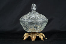 Load image into Gallery viewer, Vintage Cut Glass Covered Candy Dish Brass Floral Base Pedestal Bowl
