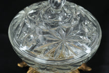 Load image into Gallery viewer, Vintage Cut Glass Covered Candy Dish Brass Floral Base Pedestal Bowl
