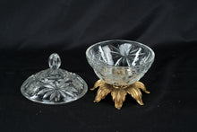 Load image into Gallery viewer, Vintage Cut Glass Covered Candy Dish Brass Floral Base Pedestal Bowl

