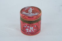 Load image into Gallery viewer, Antique Cranberry Glass Hinged Trinket Box Hand Enameled Scenic Lid
