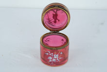 Load image into Gallery viewer, Antique Cranberry Glass Hinged Trinket Box Hand Enameled Scenic Lid
