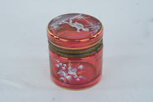 Load image into Gallery viewer, Antique Cranberry Glass Hinged Trinket Box Hand Enameled Scenic Lid
