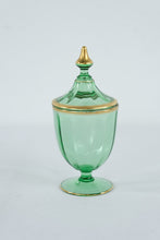 Load image into Gallery viewer, Green Glass Apothecary Jar Urn Gold Trim Pedestal Candy Dish With Lid
