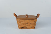 Load image into Gallery viewer, Longaberger 1991 Handwoven Basket with Wood Lid Handles and Glass Dish
