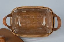Load image into Gallery viewer, Longaberger 1991 Handwoven Basket with Wood Lid Handles and Glass Dish
