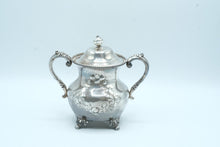 Load image into Gallery viewer, Antique Silverplate Covered Sugar Bowl Floral Engraved Footed Double Handle 8628
