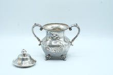 Load image into Gallery viewer, Antique Silverplate Covered Sugar Bowl Floral Engraved Footed Double Handle 8628

