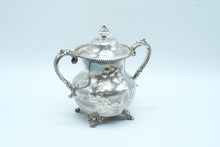 Load image into Gallery viewer, Antique Silverplate Covered Sugar Bowl Floral Engraved Footed Double Handle 8628
