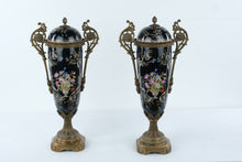 Load image into Gallery viewer, Pair Antique Black Porcelain Bronze Mounted Covered Urns Hand Painted Floral 24 Inch

