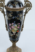 Load image into Gallery viewer, Pair Antique Black Porcelain Bronze Mounted Covered Urns Hand Painted Floral 24 Inch
