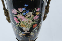 Load image into Gallery viewer, Pair Antique Black Porcelain Bronze Mounted Covered Urns Hand Painted Floral 24 Inch
