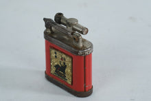 Load image into Gallery viewer, Girey Lift Arm Petrol Lighter, Red Enamel with Seated Figure &amp; Lamp Motif
