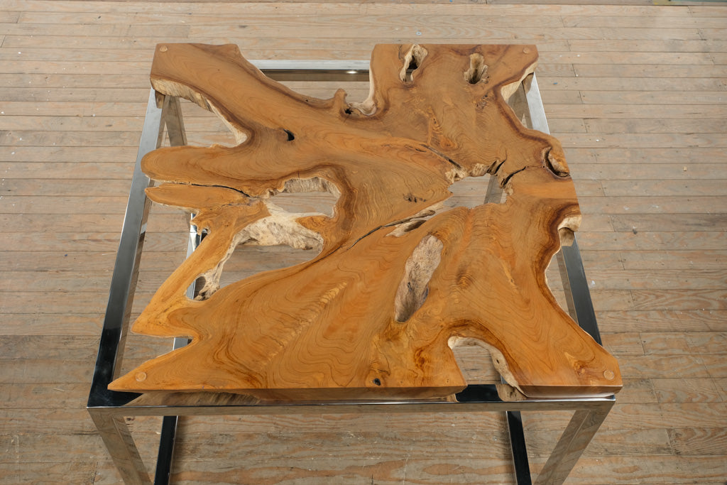 Live Edge Teak and Chrome Dining Table with Glass Top