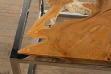 Load image into Gallery viewer, Live Edge Teak and Chrome Dining Table with Glass Top
