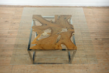 Load image into Gallery viewer, Live Edge Teak and Chrome Dining Table with Glass Top
