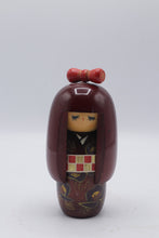 Load image into Gallery viewer, Vintage Japanese Kokeshi Doll Red Bow Checkered Obi Floral Kimono Signed 5 Inch
