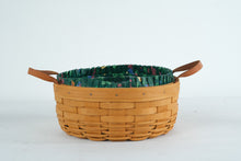 Load image into Gallery viewer, Longaberger Medium Round Utility Basket with Floral Green Liner Leather Handles USA
