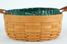 Load image into Gallery viewer, Longaberger Medium Round Utility Basket with Floral Green Liner Leather Handles USA
