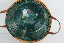 Load image into Gallery viewer, Longaberger Medium Round Utility Basket with Floral Green Liner Leather Handles USA
