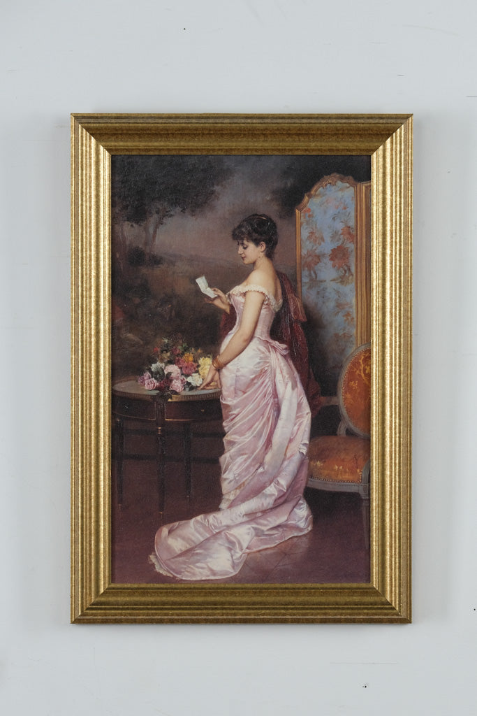 Love Letter B – Framed Vintage Print of Lady in Pink by Toulmouche (1994)