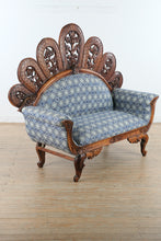 Load image into Gallery viewer, Peacock Back Hand Carved Wood Settee Sofa with Floral Crest - Online Only
