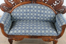 Load image into Gallery viewer, Peacock Back Hand Carved Wood Settee Sofa with Floral Crest - Online Only
