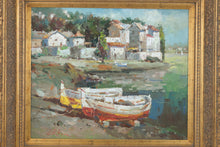 Load image into Gallery viewer, Signed Lubin Original Oil Painting Coastal Harbor Fishing Boats Ornate Gold Frame
