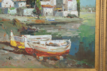 Load image into Gallery viewer, Signed Lubin Original Oil Painting Coastal Harbor Fishing Boats Ornate Gold Frame
