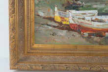 Load image into Gallery viewer, Signed Lubin Original Oil Painting Coastal Harbor Fishing Boats Ornate Gold Frame
