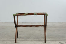 Load image into Gallery viewer, Vintage Wood Folding Luggage Rack Green Woven Straps Inlay 22 Inch
