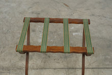 Load image into Gallery viewer, Vintage Wood Folding Luggage Rack Green Woven Straps Inlay 22 Inch
