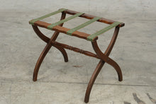 Load image into Gallery viewer, Vintage Wood Folding Luggage Rack Green Woven Straps Inlay 22 Inch
