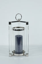 Load image into Gallery viewer, LuxuryLite Battery-Operated Candle in Modern Glass &amp; Metal Hurricane Lantern – 16" Tall
